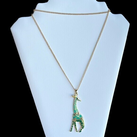 ARTICULATED (Hinged) Giraffe Safari Enamel Golden Green Pendant Necklace 29.5 in - Picture 4 of 6